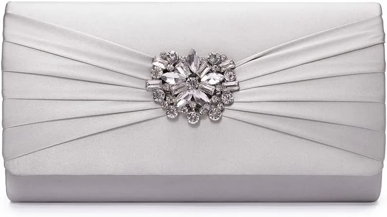 Evening Bags For Women Pleated Satin Rhinestone Brooch Prom Clutch Purse With Detachable Chain Strap