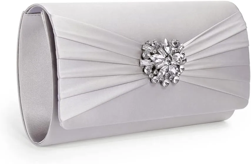 Evening Bags For Women Pleated Satin Rhinestone Brooch Prom Clutch Purse With Detachable Chain Strap