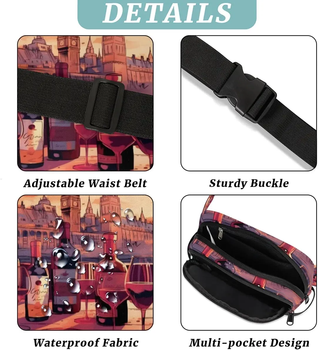 Fanny Pack for Men Women, Waterproof Sports Waist Bag Pack, Tasty Wine Belt Bag for Travel Hiking Running, Travel Chest Bag with Adjustable Strap, Wine