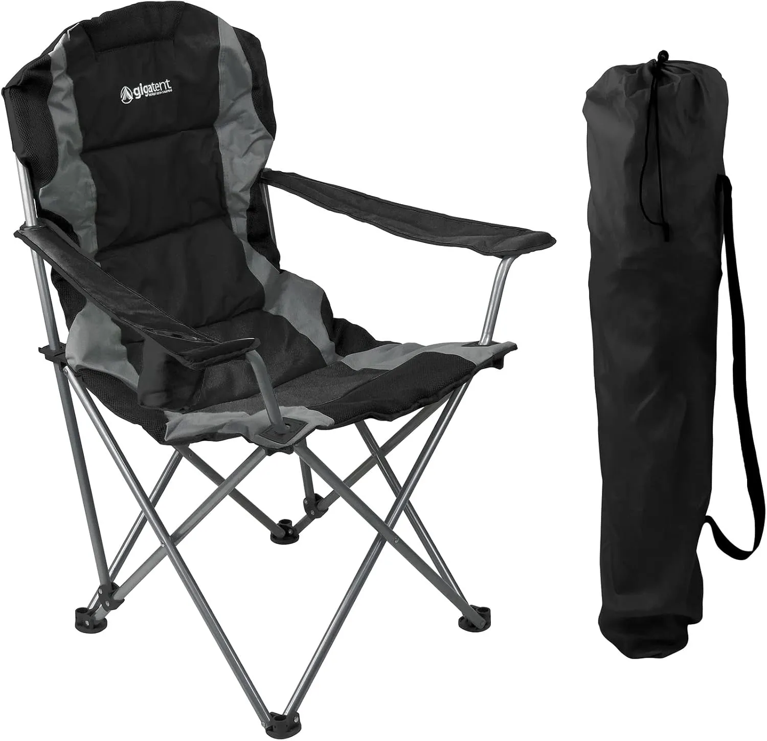 GigaTent Black Folding Camping Chair  Ultra Lightweight Collapsible Quad Padded Lawn Seat with Full Back, Arm Rests, Cup Holder and Shoulder Strap Carrying Bag - Powder Coated Steel Frame