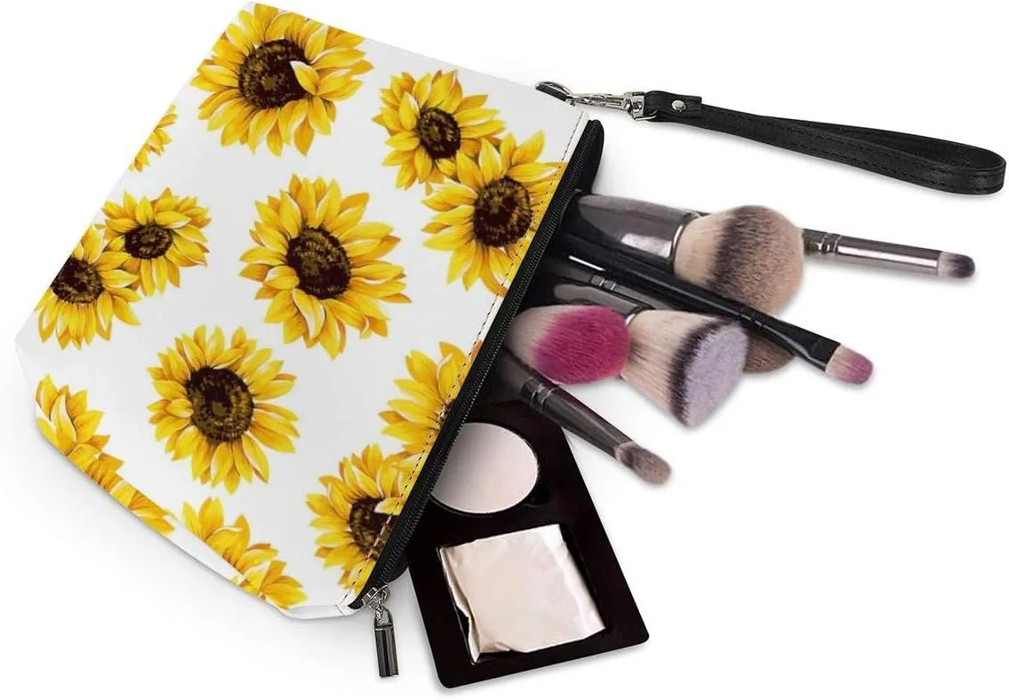 Howilath Sunflowers Print Clutch Make Up Bags with Zipper Wrist Strap Travel Toiletry Cosmetic Pouch Bags, White