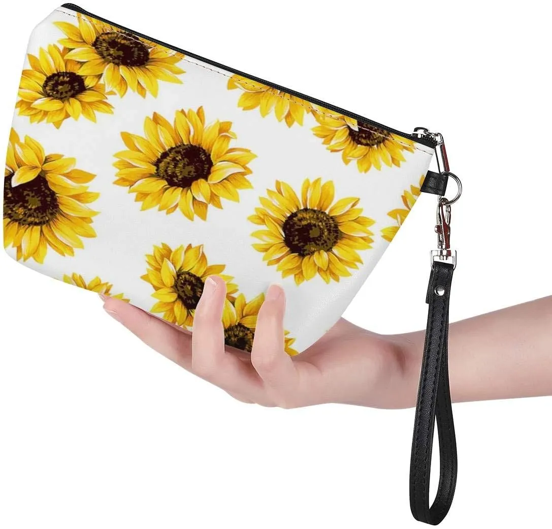 Howilath Sunflowers Print Clutch Make Up Bags with Zipper Wrist Strap Travel Toiletry Cosmetic Pouch Bags, White