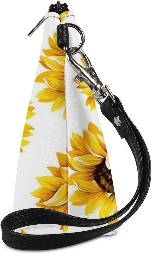 Howilath Sunflowers Print Clutch Make Up Bags with Zipper Wrist Strap Travel Toiletry Cosmetic Pouch Bags, White