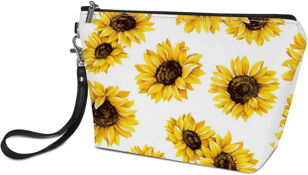 Howilath Sunflowers Print Clutch Make Up Bags with Zipper Wrist Strap Travel Toiletry Cosmetic Pouch Bags, White