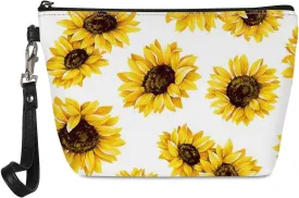Howilath Sunflowers Print Clutch Make Up Bags with Zipper Wrist Strap Travel Toiletry Cosmetic Pouch Bags, White