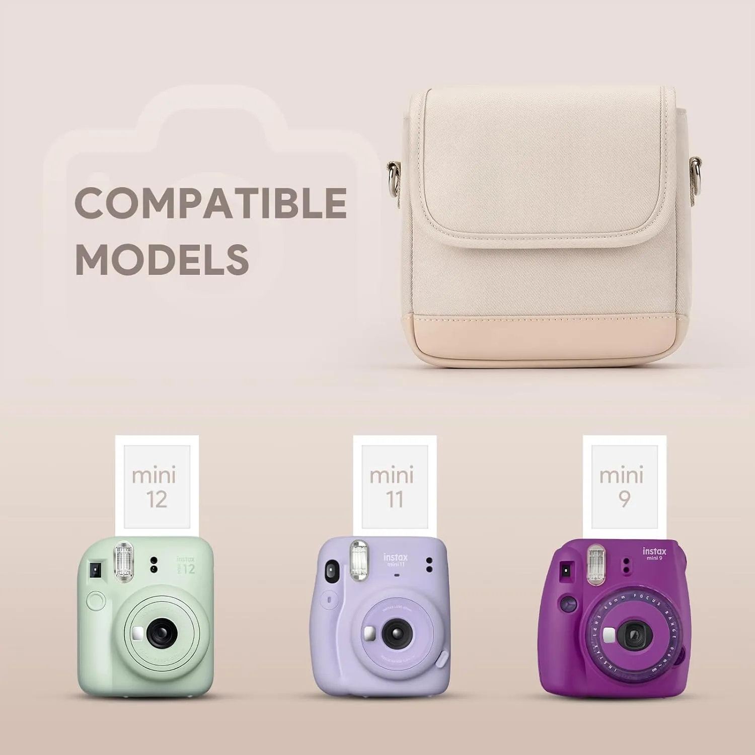 Instant Mini 12/11 Camera Case Compatible with Instax Mini 12 11,Diy Instax Case with Adjustable Shoulder Strap(Beige)
