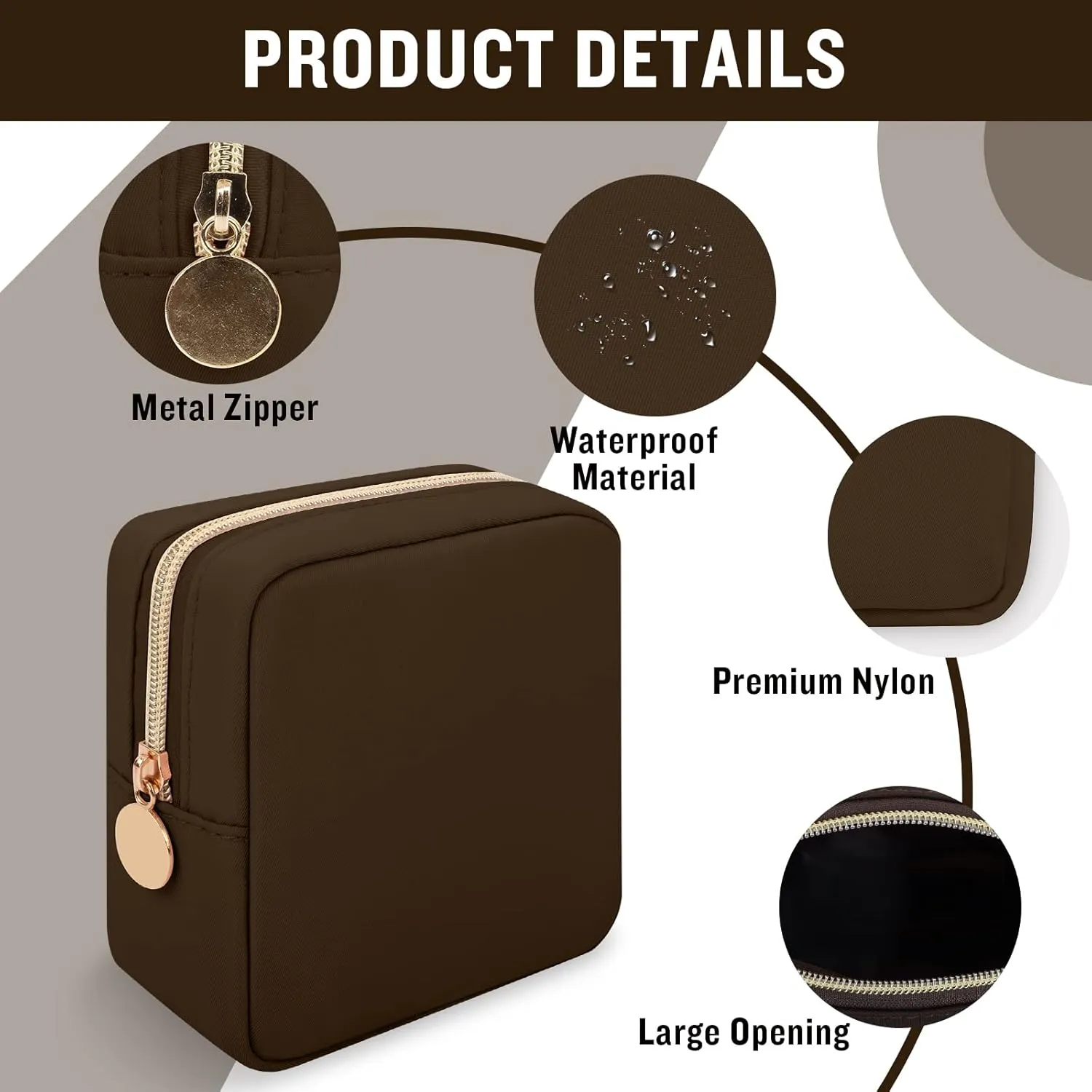 Iqimott Nylon Mini Makeup Bag, Preppy Small Cosmetic Bag Compact Make up Pouch Toiletry Bag, Waterproof Zipper Purse Travel Coin Pouch Sanitary Napkin Storage Bag for Women Girls Teens(Brown)