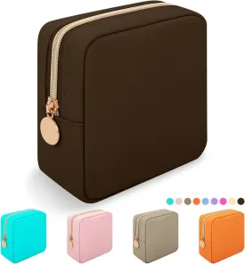Iqimott Nylon Mini Makeup Bag, Preppy Small Cosmetic Bag Compact Make up Pouch Toiletry Bag, Waterproof Zipper Purse Travel Coin Pouch Sanitary Napkin Storage Bag for Women Girls Teens(Brown)