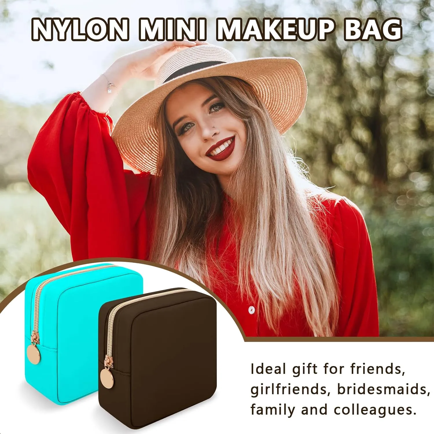 Iqimott Nylon Mini Makeup Bag, Preppy Small Cosmetic Bag Compact Make up Pouch Toiletry Bag, Waterproof Zipper Purse Travel Coin Pouch Sanitary Napkin Storage Bag for Women Girls Teens(Brown)