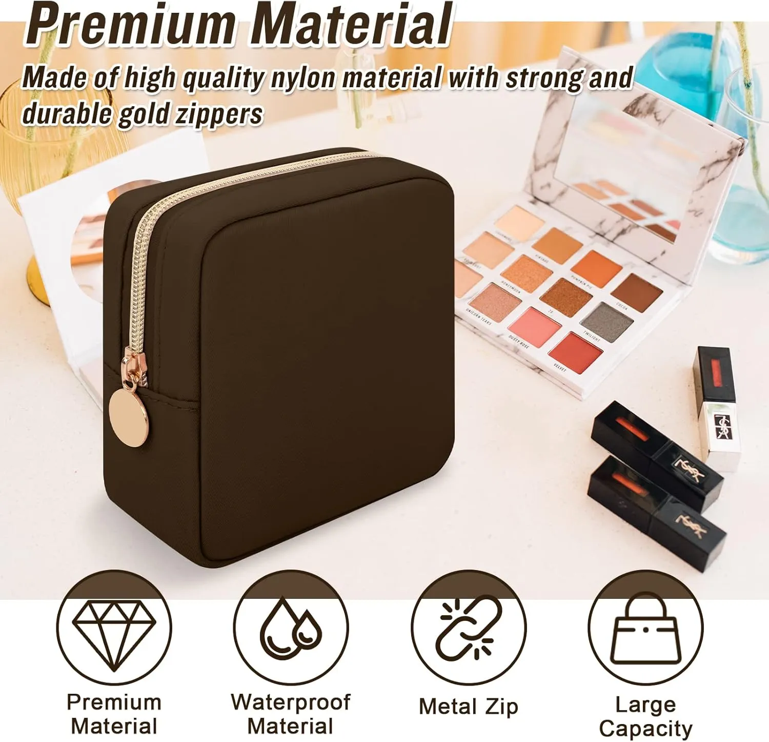 Iqimott Nylon Mini Makeup Bag, Preppy Small Cosmetic Bag Compact Make up Pouch Toiletry Bag, Waterproof Zipper Purse Travel Coin Pouch Sanitary Napkin Storage Bag for Women Girls Teens(Brown)