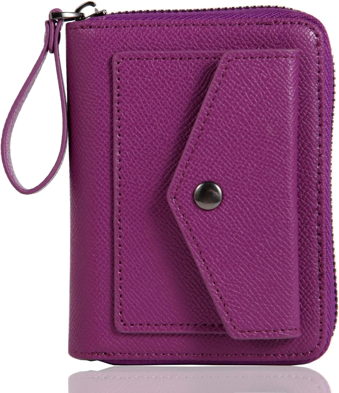 Leather Small RFID Blocking Bifold Zipper Around Wallets With ID Window Wristlet Coin Pocket For Women