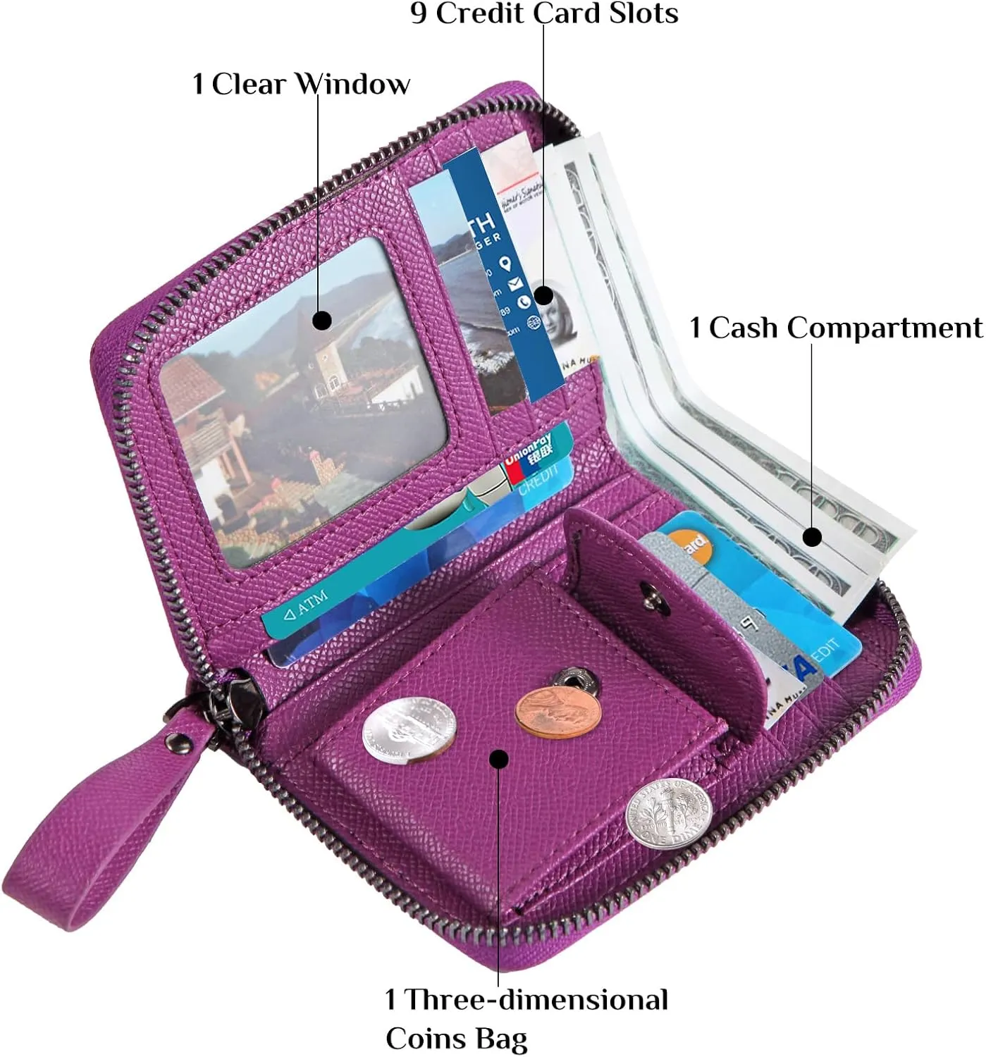 Leather Small RFID Blocking Bifold Zipper Around Wallets With ID Window Wristlet Coin Pocket For Women