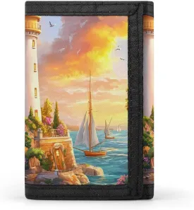 Lighthouse Sunset Trifold Wallet Cute Card Slots Holder Clutch Purse Wallets for Men Women