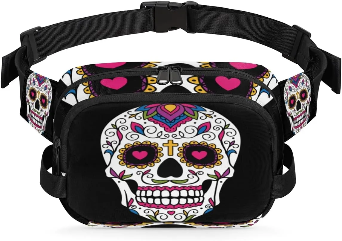 Mexican Sugar Skull Fanny Pack Durable with Adjustable Belt Main Zippered Pocket Lightweight Waterproof Belt Bag for Travel Sports Workout Hiking Phone Bag