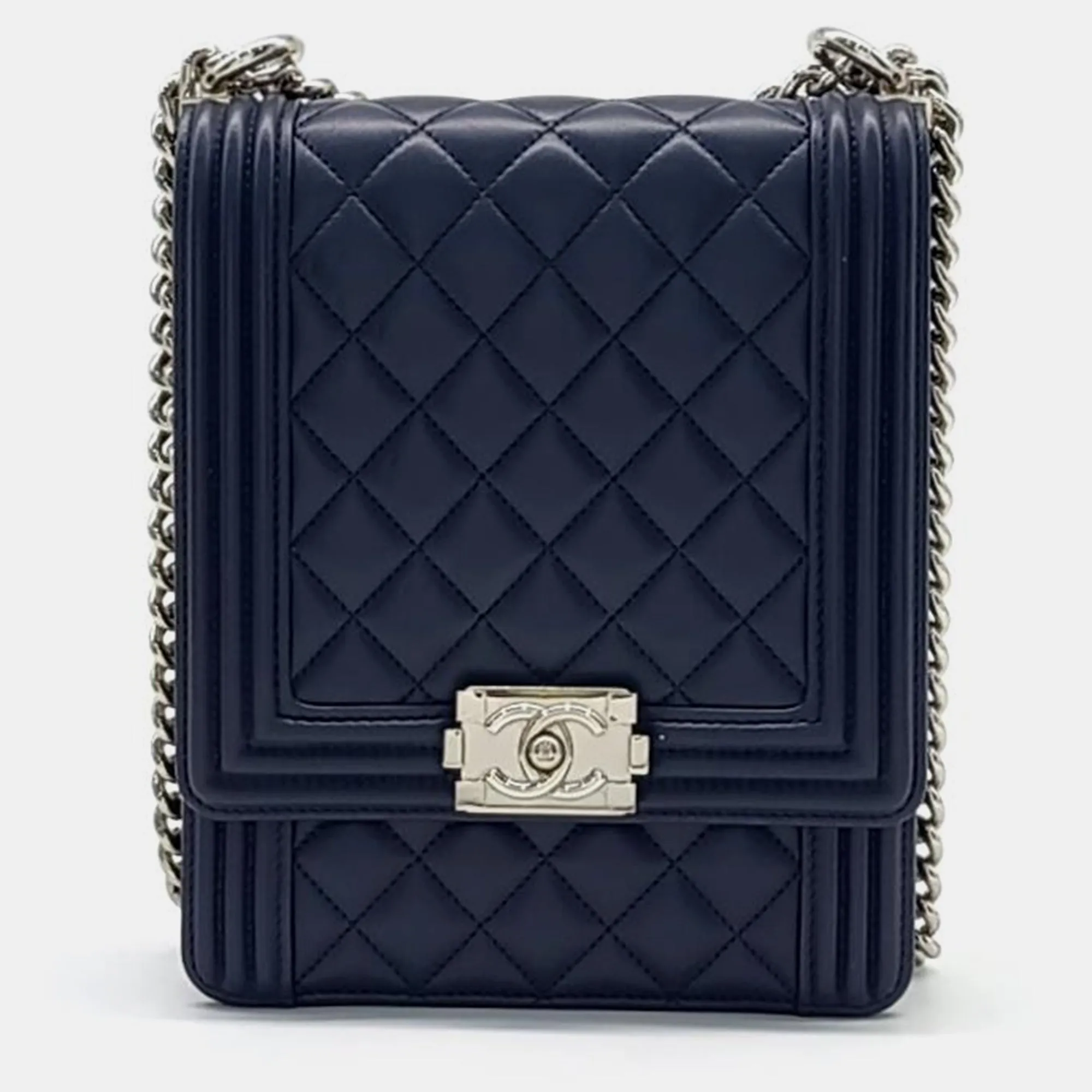 Navy Blue Leather North/South Boy Bag