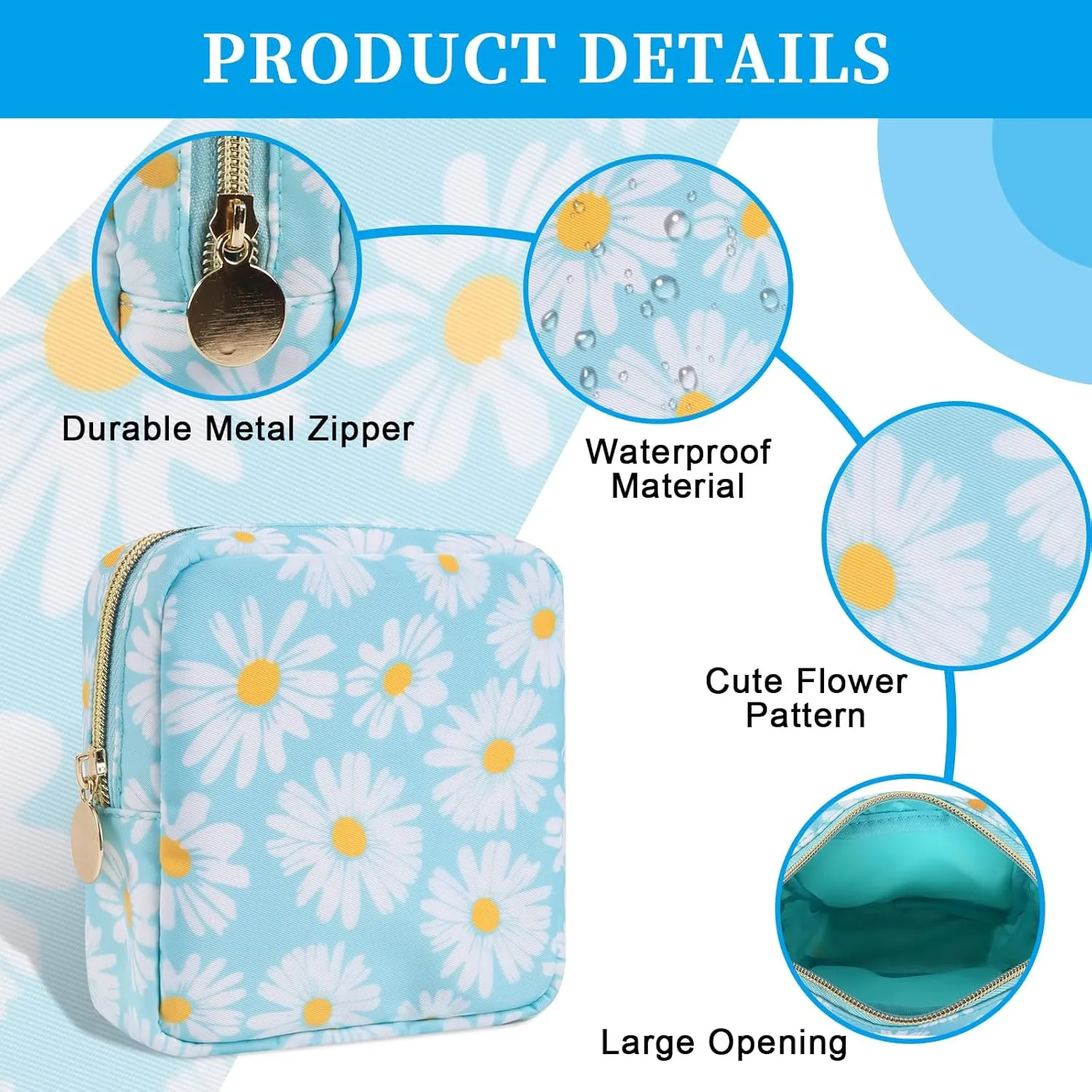 Nylon Mini Makeup Bag for Purse, Cute Floral Preppy Small Cosmetic Bag Waterproof Make Up Pouch with Zipper, Travel Toiletry Bag Coin Purse Sanitary Napkin Storage Bag for Women Girls(Blue Daisy)