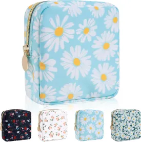 Nylon Mini Makeup Bag for Purse, Cute Floral Preppy Small Cosmetic Bag Waterproof Make Up Pouch with Zipper, Travel Toiletry Bag Coin Purse Sanitary Napkin Storage Bag for Women Girls(Blue Daisy)