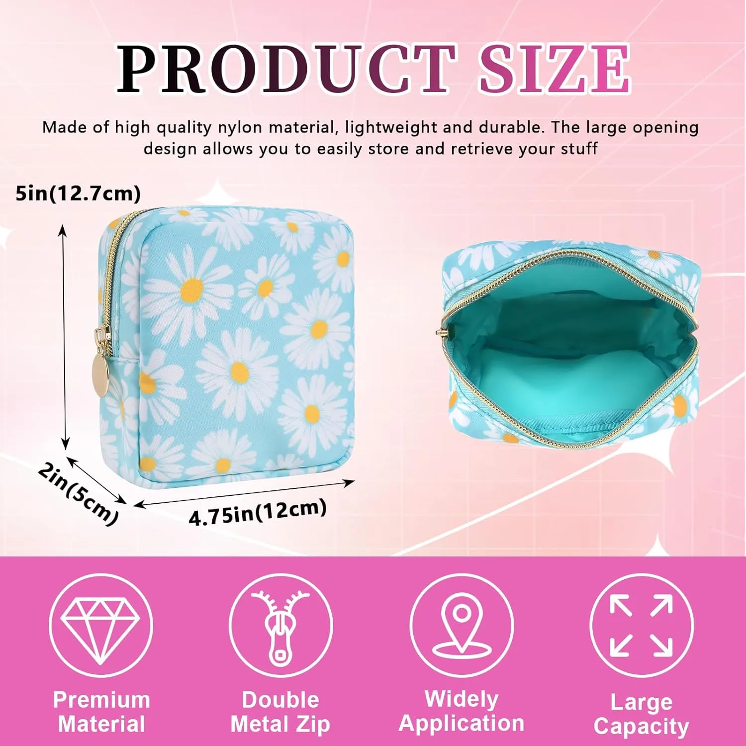 Nylon Mini Makeup Bag for Purse, Cute Floral Preppy Small Cosmetic Bag Waterproof Make Up Pouch with Zipper, Travel Toiletry Bag Coin Purse Sanitary Napkin Storage Bag for Women Girls(Blue Daisy)