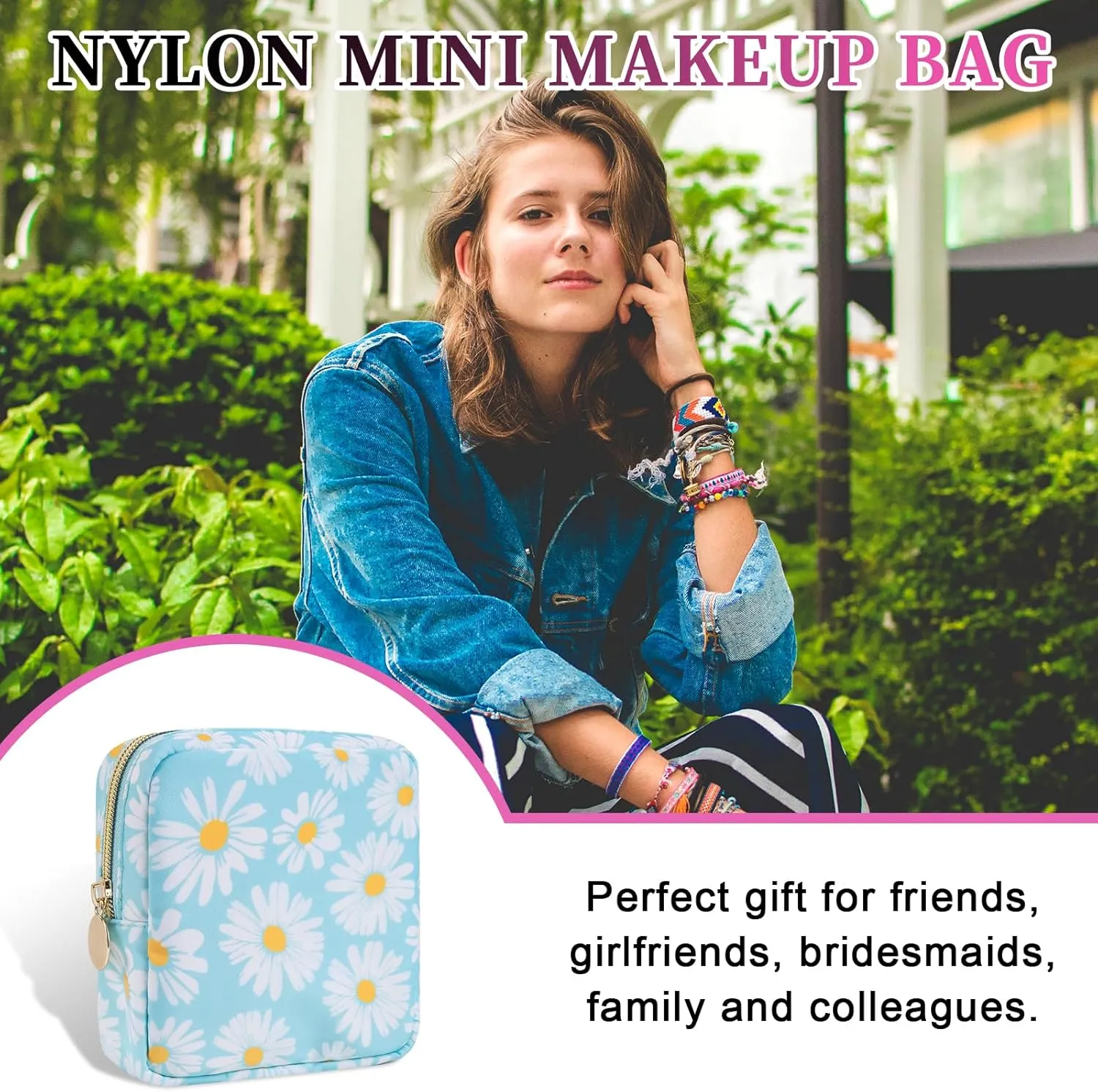 Nylon Mini Makeup Bag for Purse, Cute Floral Preppy Small Cosmetic Bag Waterproof Make Up Pouch with Zipper, Travel Toiletry Bag Coin Purse Sanitary Napkin Storage Bag for Women Girls(Blue Daisy)