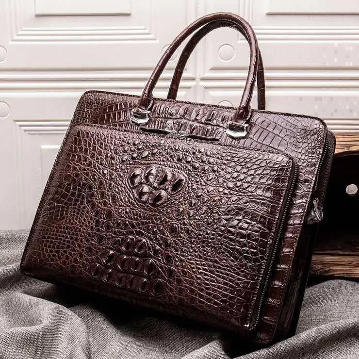 Preorder Mens Crocodile Leather Briefcase Laptop Computer Handbag Brown