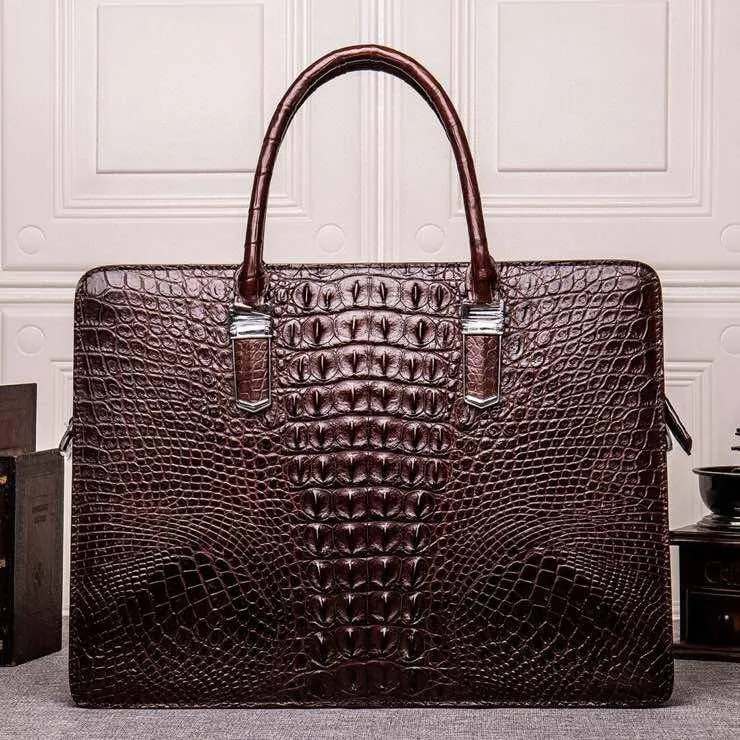 Preorder Mens Crocodile Leather Briefcase Laptop Computer Handbag Brown