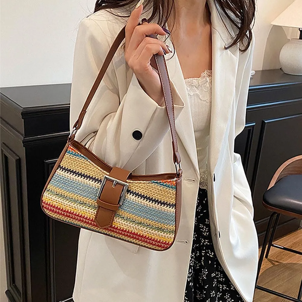 RTGGSEL Boho Summer Retro Women's Straw Rattan Beach Tote Bag Crossbody Shoulder Bags Hobo Underarm Handbag Straw Purse