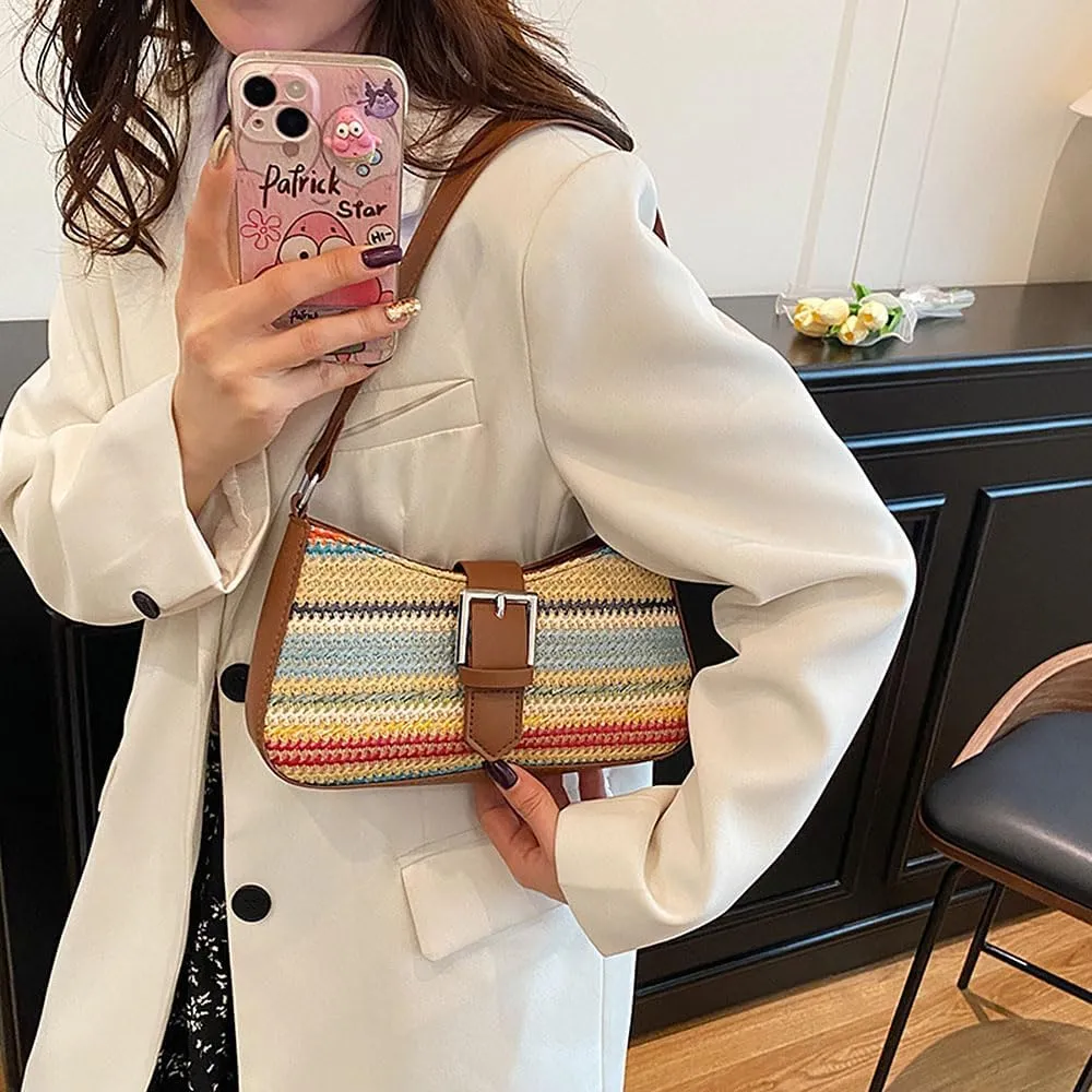 RTGGSEL Boho Summer Retro Women's Straw Rattan Beach Tote Bag Crossbody Shoulder Bags Hobo Underarm Handbag Straw Purse