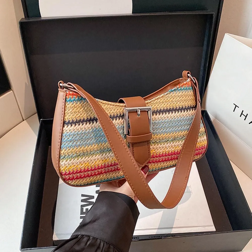RTGGSEL Boho Summer Retro Women's Straw Rattan Beach Tote Bag Crossbody Shoulder Bags Hobo Underarm Handbag Straw Purse
