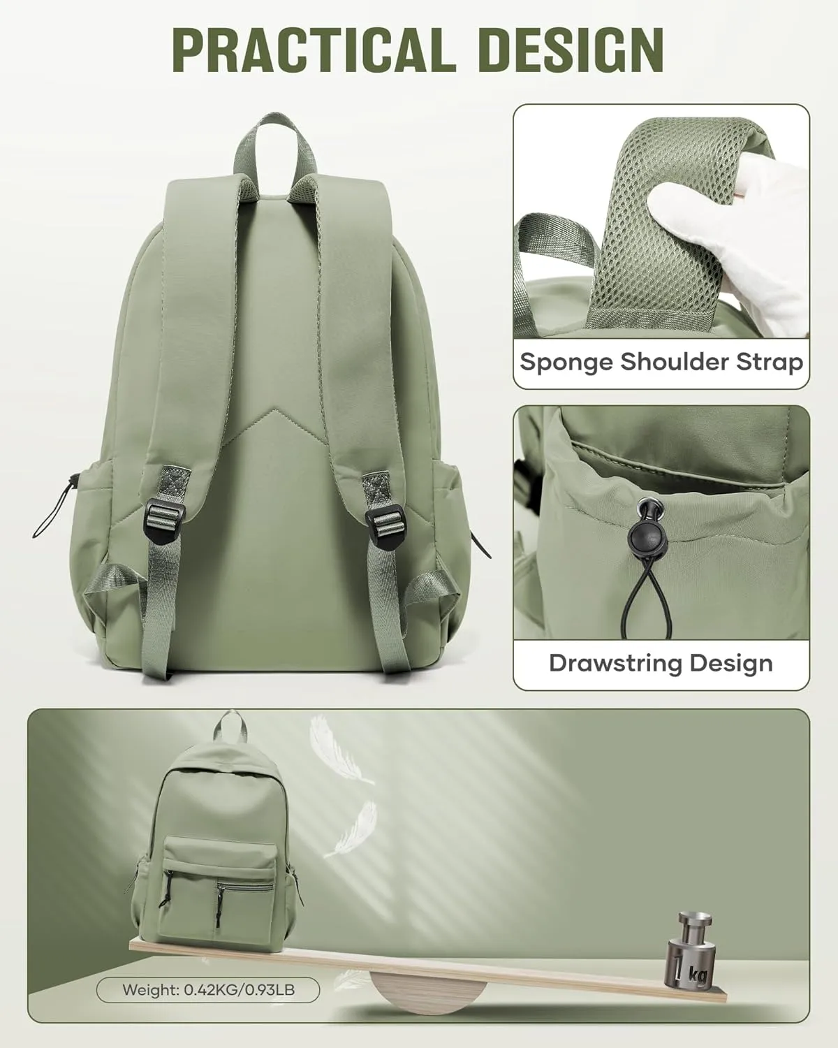 School Backpack for Girls Boys Bookbag Cute Aesthetic College Backpack Women Middle High School Teen Students Book Bag Lightweight Gym Work Laptop Casual Daypack Backpacks Men Green