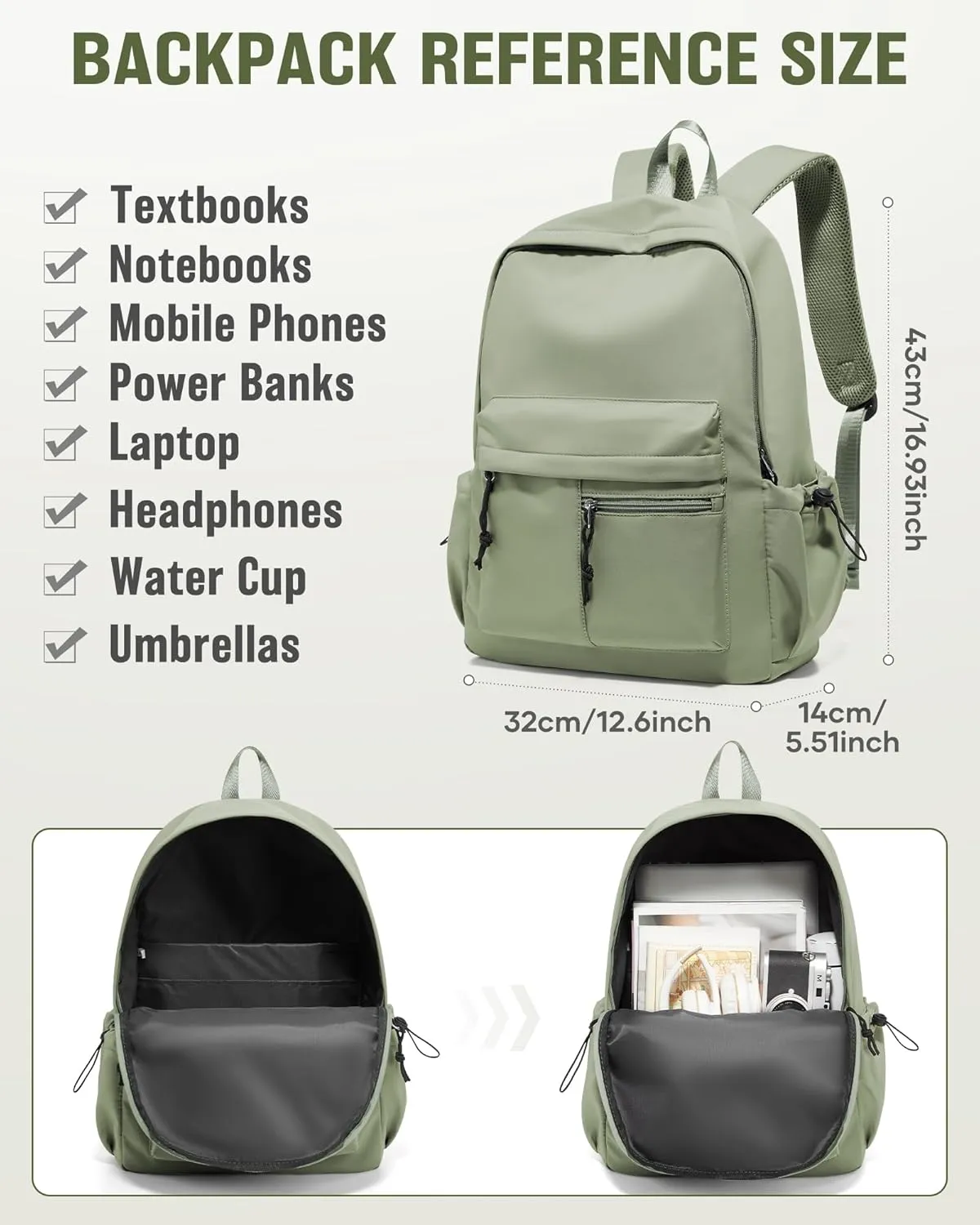 School Backpack for Girls Boys Bookbag Cute Aesthetic College Backpack Women Middle High School Teen Students Book Bag Lightweight Gym Work Laptop Casual Daypack Backpacks Men Green