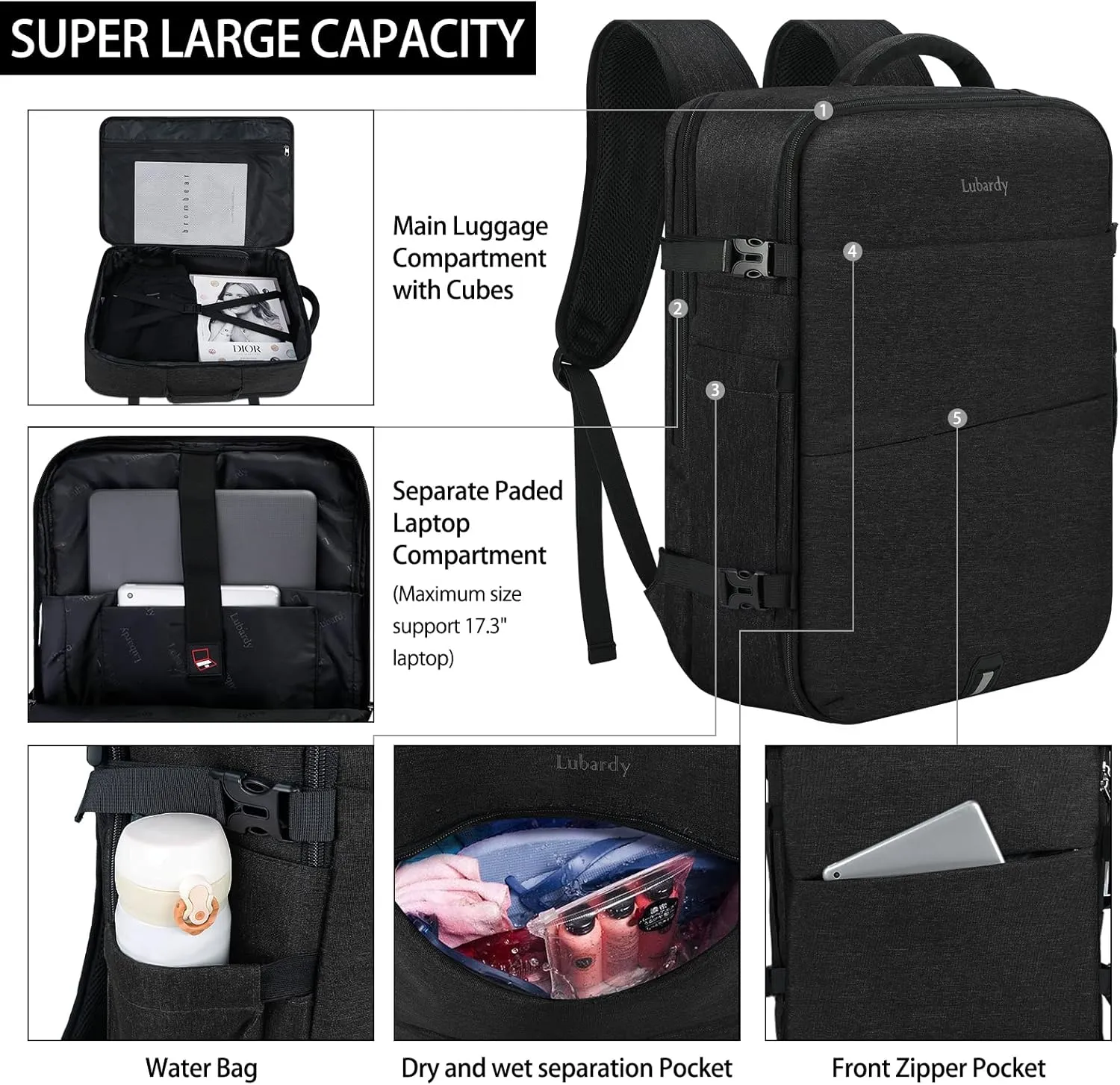 Travel Backpack for Men Women 17 Inch Flight Approved Carry on Backpack Waterproof Large 40L Luggage Daypack Business College Weekender Overnight Laptop Backpack with 3 Packing Cubes, Black