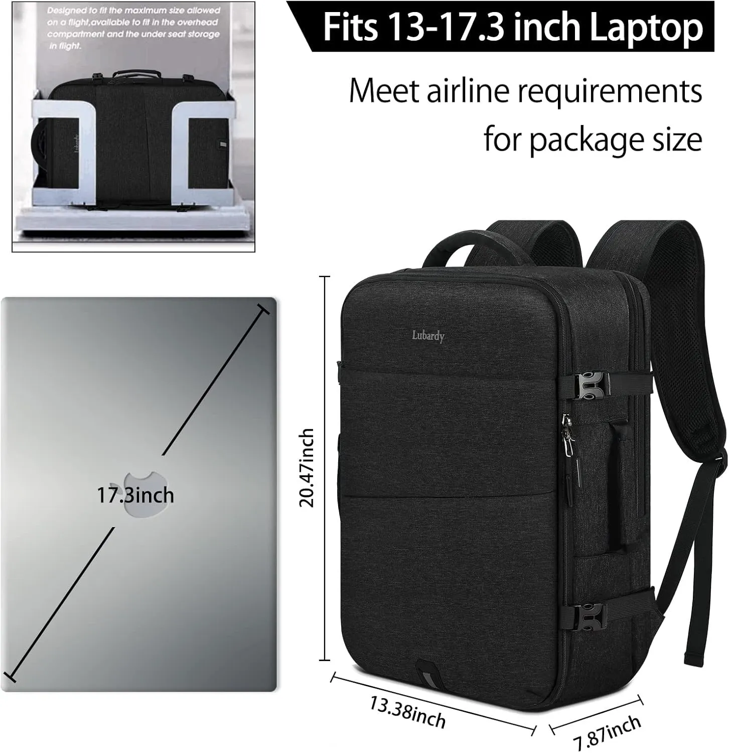 Travel Backpack for Men Women 17 Inch Flight Approved Carry on Backpack Waterproof Large 40L Luggage Daypack Business College Weekender Overnight Laptop Backpack with 3 Packing Cubes, Black