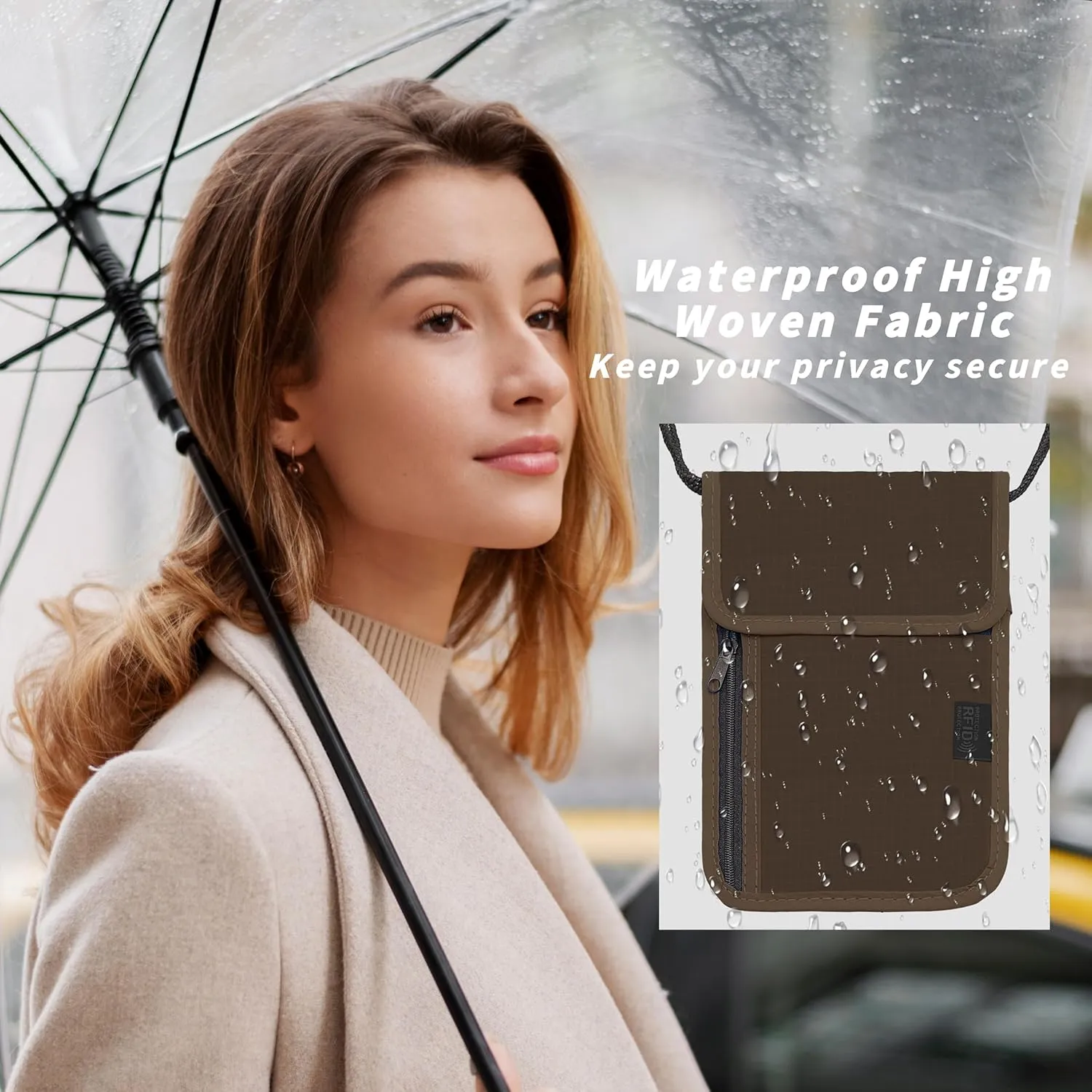 Travel Neck Wallet with RFID Blocking  Passport Holder Organizer Neck Pouch  Portable Easy to Conceal Travel Pouch (Brown)