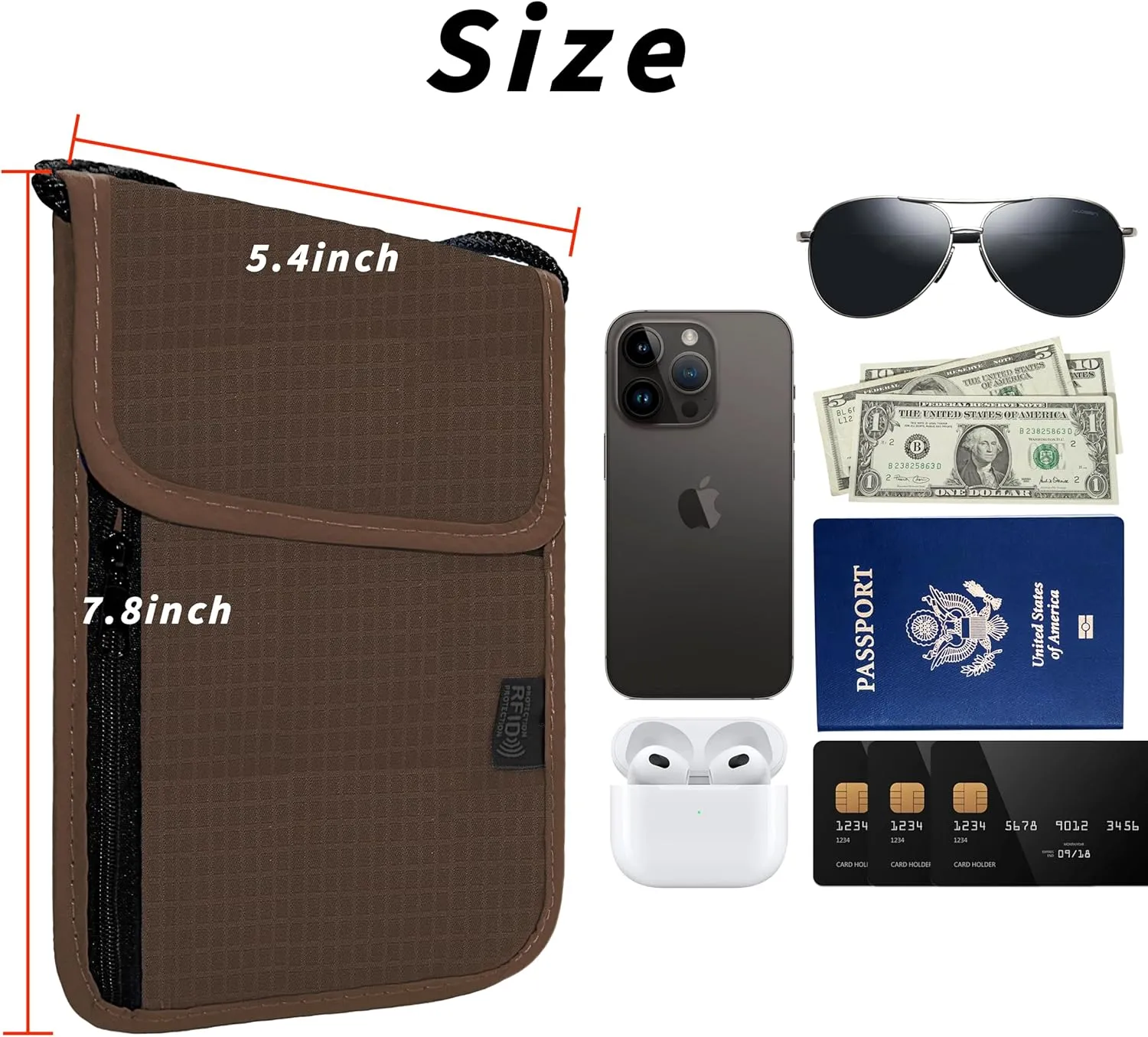Travel Neck Wallet with RFID Blocking  Passport Holder Organizer Neck Pouch  Portable Easy to Conceal Travel Pouch (Brown)