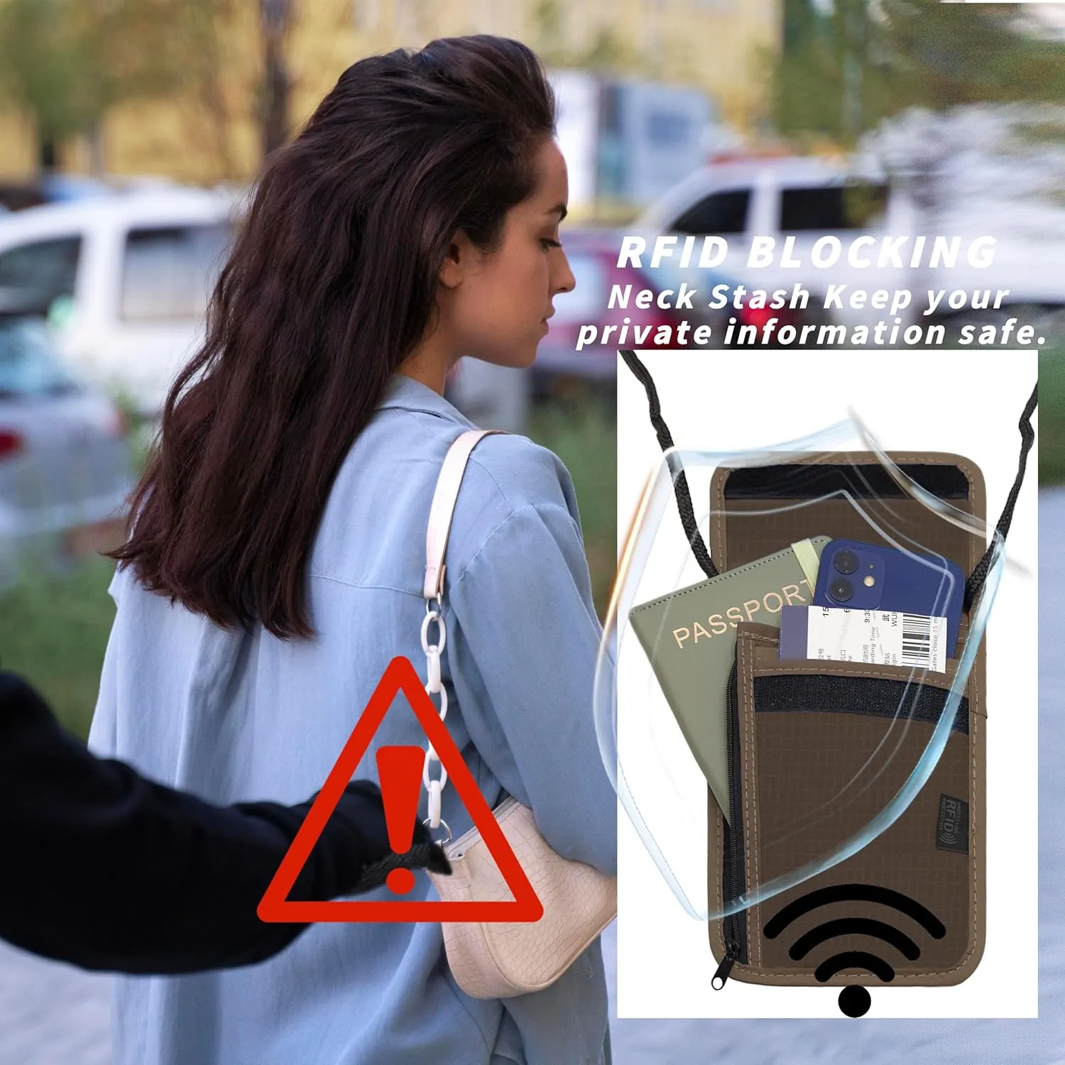Travel Neck Wallet with RFID Blocking  Passport Holder Organizer Neck Pouch  Portable Easy to Conceal Travel Pouch (Brown)