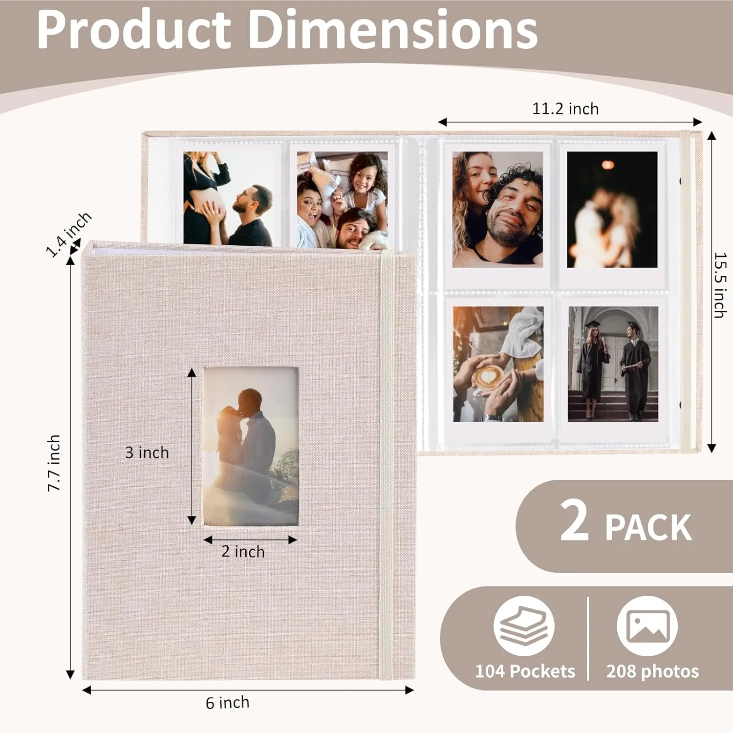 vivinin 2PCS Polaroid Photo Album, 2x3 Inch Pockets Mini Photo Album for 104 Pockets Hold 208 Pictures, Linen Hardcover Polaroid Album Book for Photos Family Anniversaries Baby Vacations (Off-white)