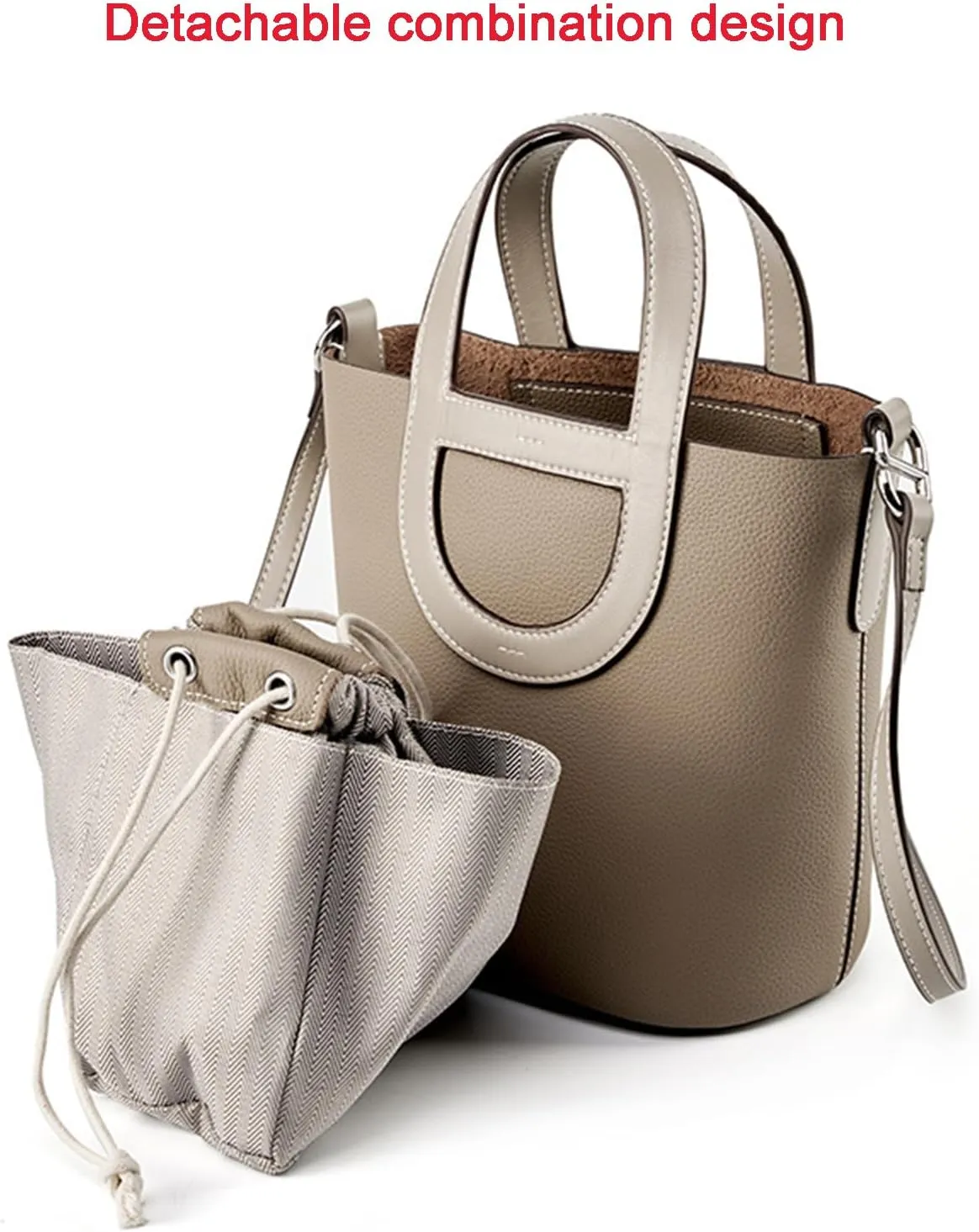 Women's Genuine Leather Bucket Bag Pig Nose Lychee Pattern Vegetable Basket Solid Color Tote Bag Trendy Handbag,Gray brown,19 * 12 * 20cm