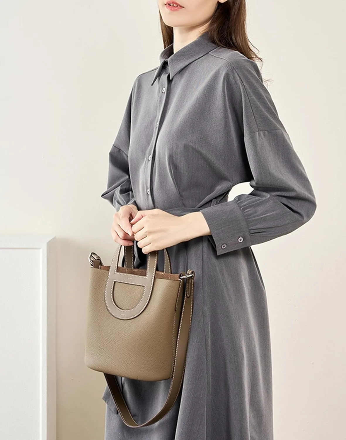 Women's Genuine Leather Bucket Bag Pig Nose Lychee Pattern Vegetable Basket Solid Color Tote Bag Trendy Handbag,Gray brown,19 * 12 * 20cm