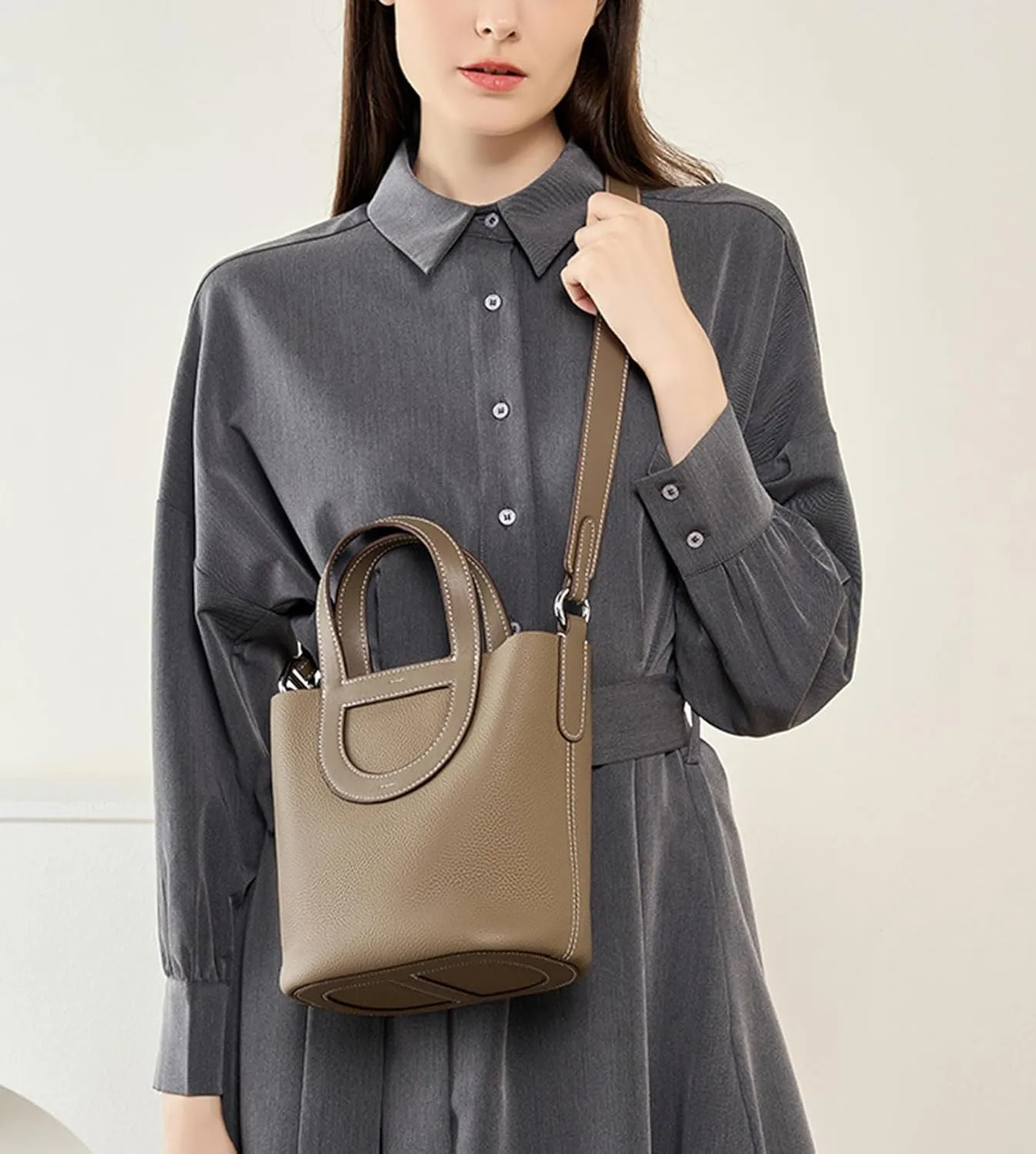 Women's Genuine Leather Bucket Bag Pig Nose Lychee Pattern Vegetable Basket Solid Color Tote Bag Trendy Handbag,Gray brown,19 * 12 * 20cm