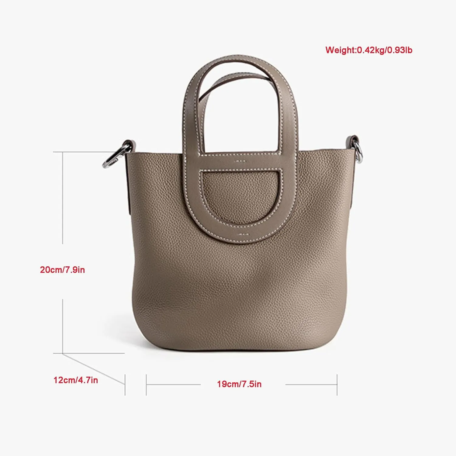 Women's Genuine Leather Bucket Bag Pig Nose Lychee Pattern Vegetable Basket Solid Color Tote Bag Trendy Handbag,Gray brown,19 * 12 * 20cm