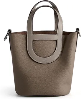 Women's Genuine Leather Bucket Bag Pig Nose Lychee Pattern Vegetable Basket Solid Color Tote Bag Trendy Handbag,Gray brown,19 * 12 * 20cm