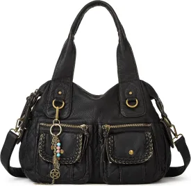 Worldlyda Women Canvas Hobo Purse Multi Pocket Tote Shopper Shoulder Bag Casual Top Handle handbag with Embroidery Ethnic