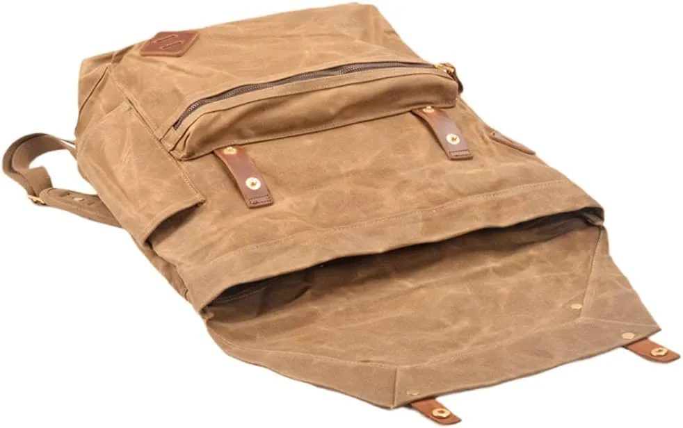 WUDON Leather Laptop Backpack for Men - Vintage Waxed Canvas Shoulder Rucksack for School Flight Hiking
