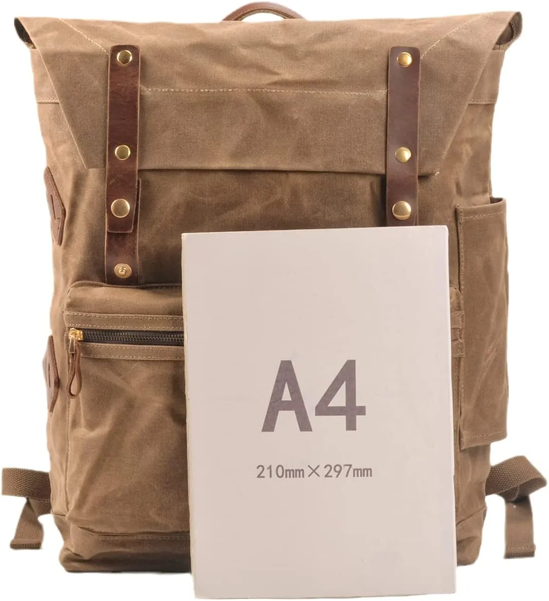 WUDON Leather Laptop Backpack for Men - Vintage Waxed Canvas Shoulder Rucksack for School Flight Hiking